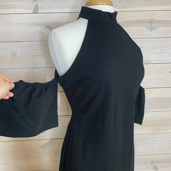 Black Mock Neck Off the Shoulder Mini Dress Bodycon - Picture 2 of 12